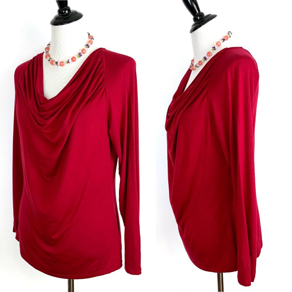 Elie Tahari Cranberry Red Cowl Neck Long Sleeve Top Blouse Career Sz L - Picture 10 of 16